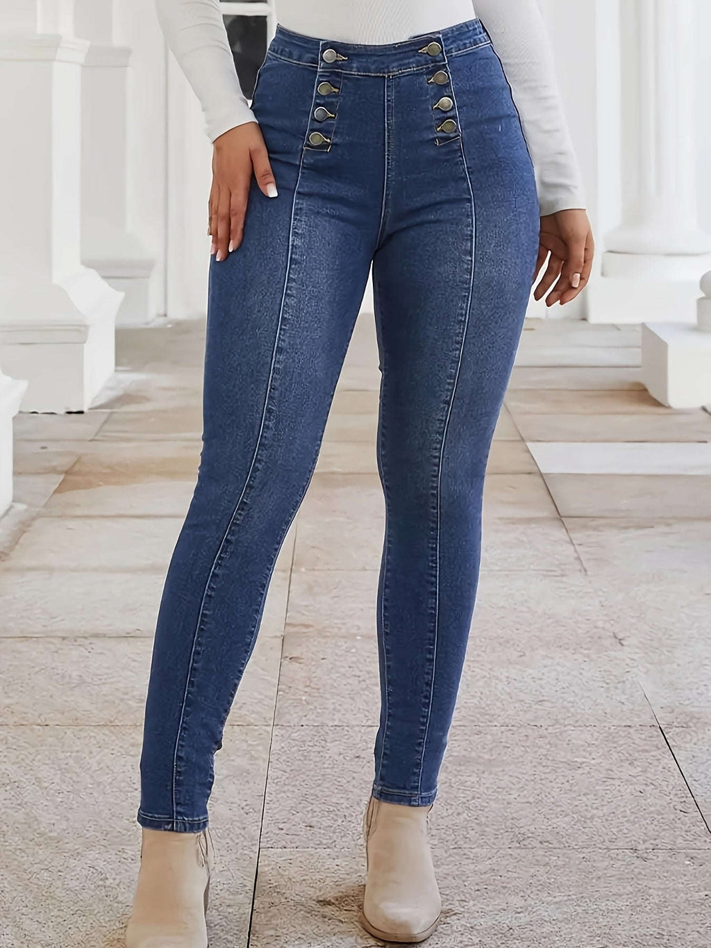 CHENGYUJS Women's Slim-fit Jeans - Front Button, Vintage Style   OAXG Deep Grey / XS