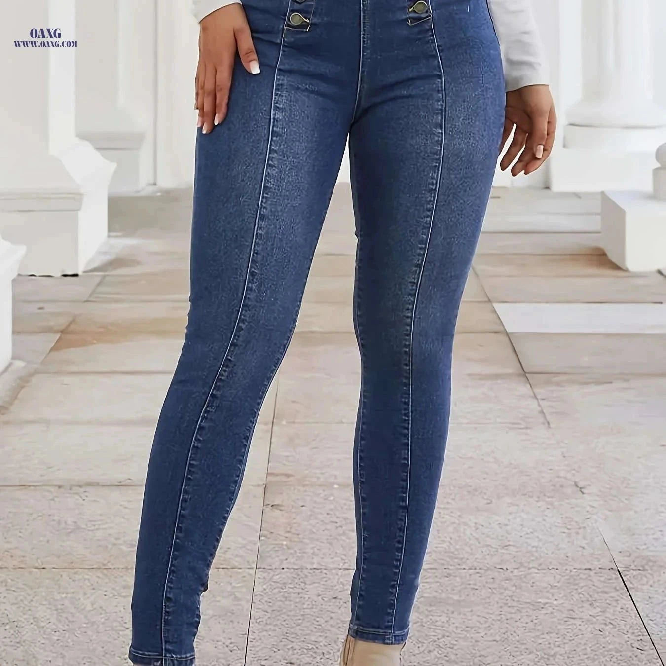 CHENGYUJS Women's Slim-fit Jeans - Front Button, Vintage Style   OAXG Deep Grey / XS