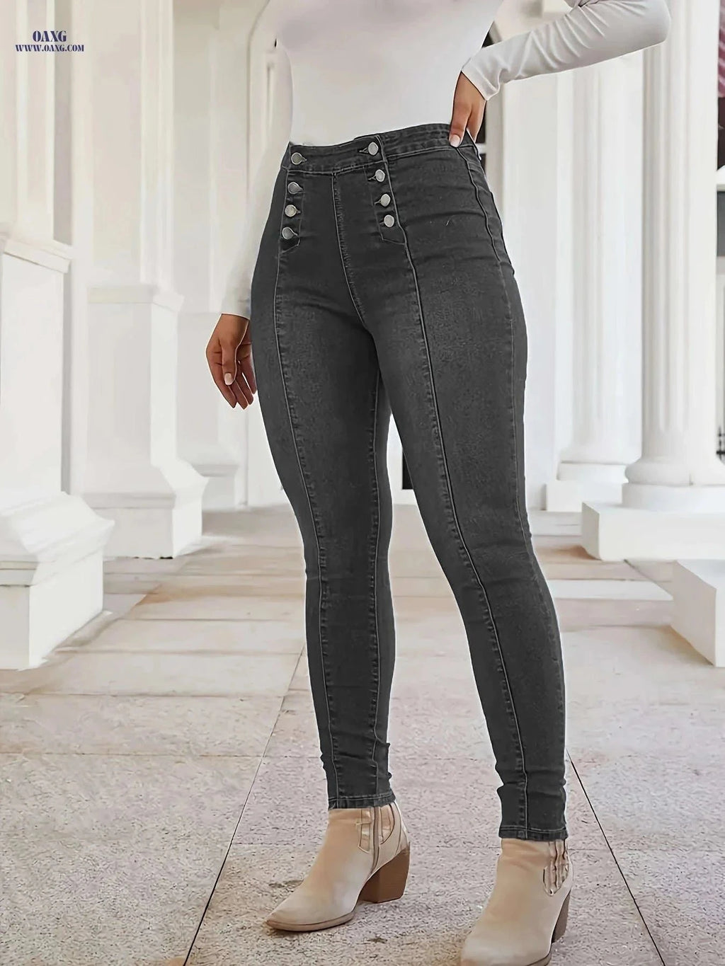 CHENGYUJS Women's Slim-fit Jeans - Front Button, Vintage Style   OAXG Deep Grey / XS