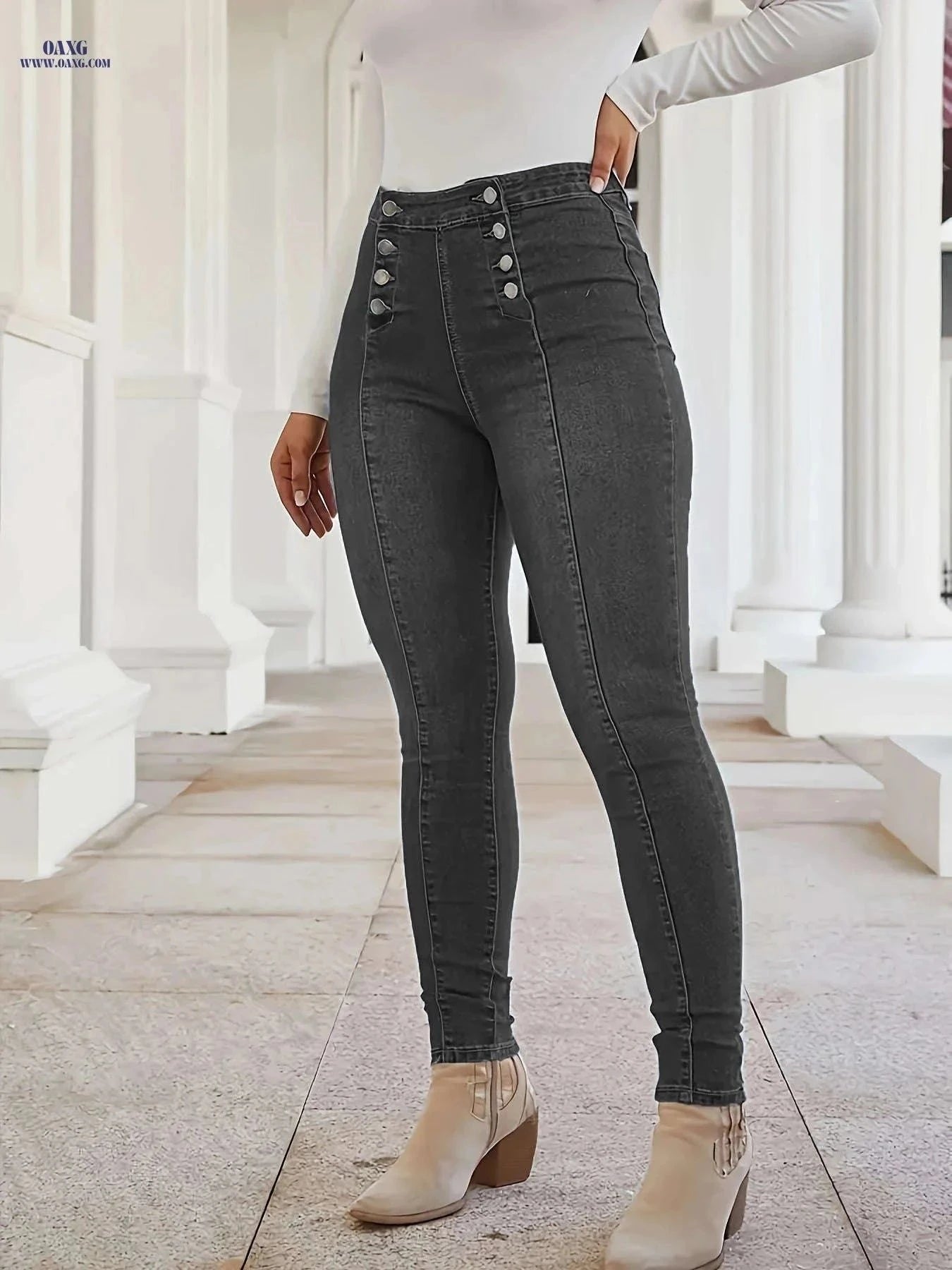 CHENGYUJS Women's Slim-fit Jeans - Front Button, Vintage Style   OAXG Deep Grey / XS