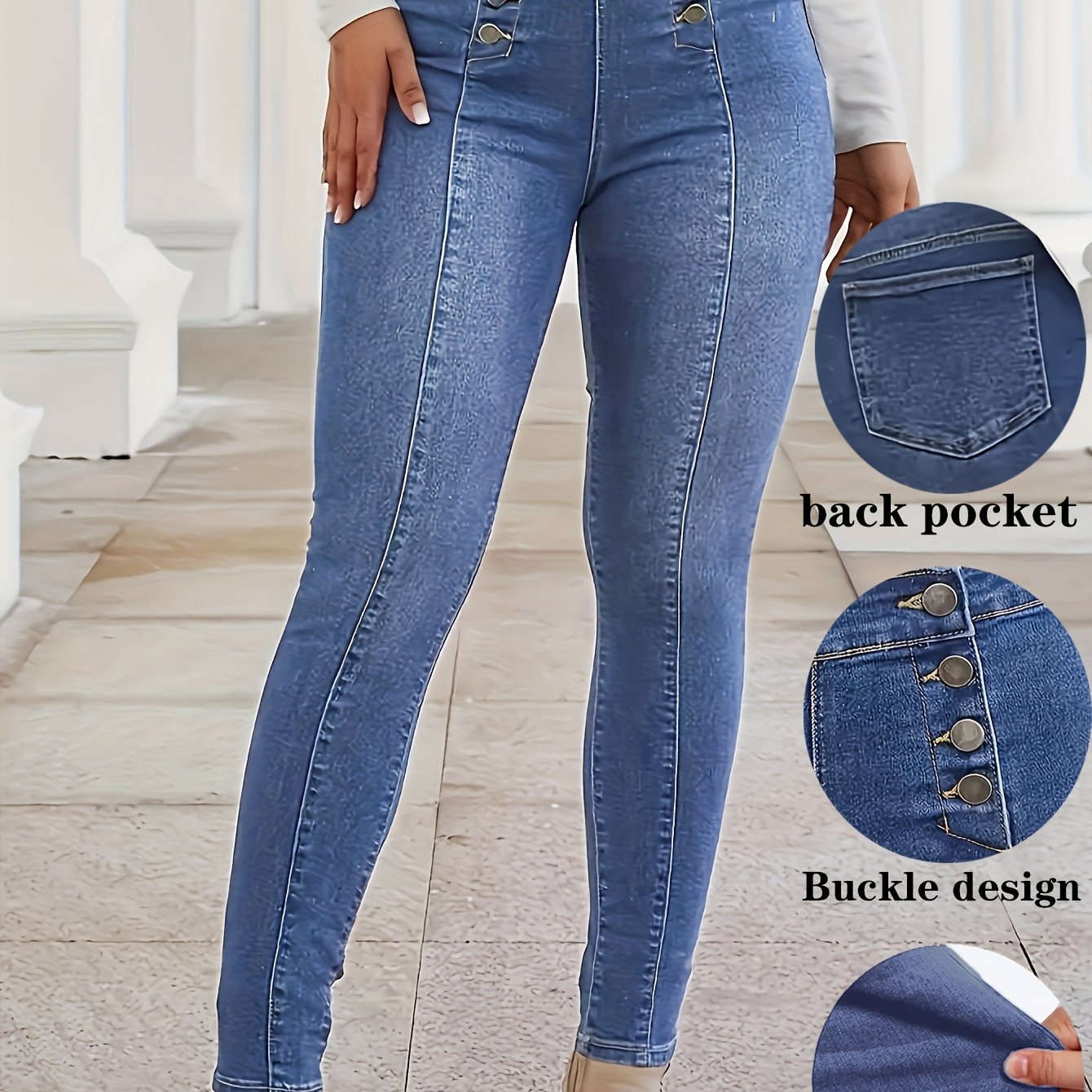CHENGYUJS Women's Slim-fit Jeans - Front Button, Vintage Style   OAXG Deep Grey / XS