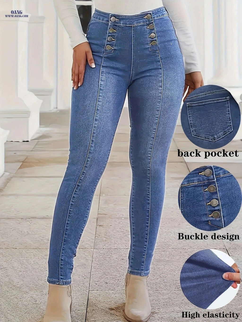 CHENGYUJS Women's Slim-fit Jeans - Front Button, Vintage Style   OAXG Deep Grey / XS