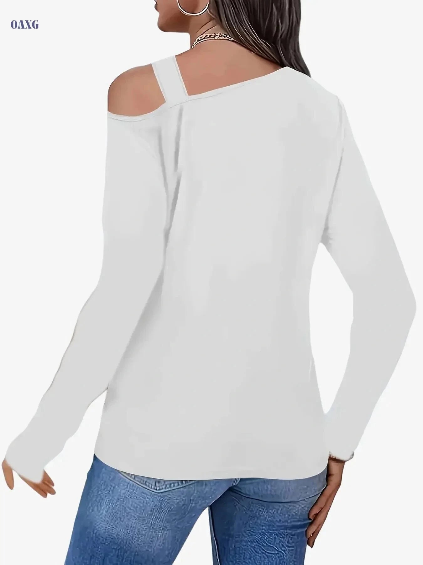 Cherry Bean Off-Shoulder Asymmetrical T-Shirt - Casual Solid Color   OAXG 