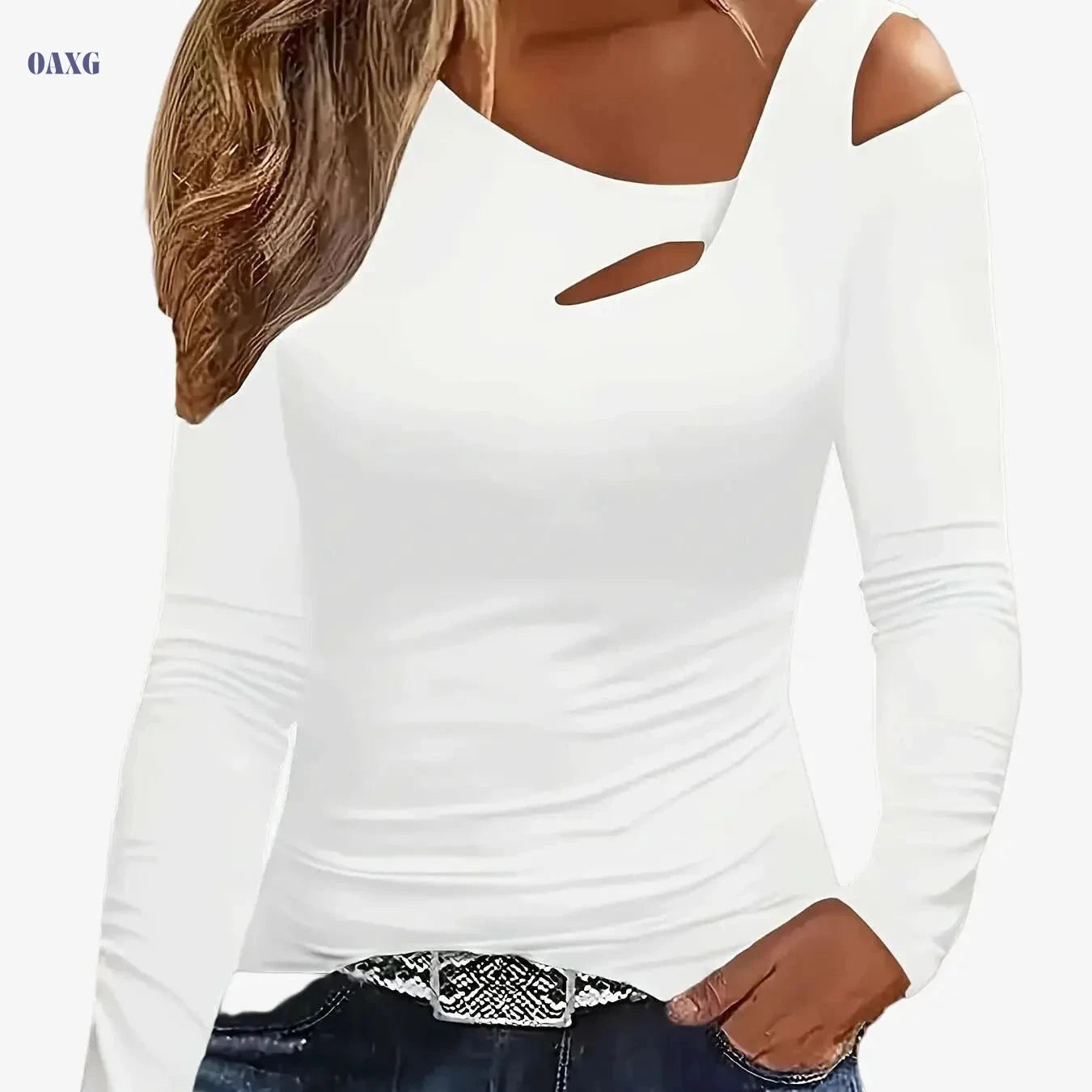 Cherry Bean Off-Shoulder Asymmetrical T-Shirt - Casual Solid Color   OAXG 