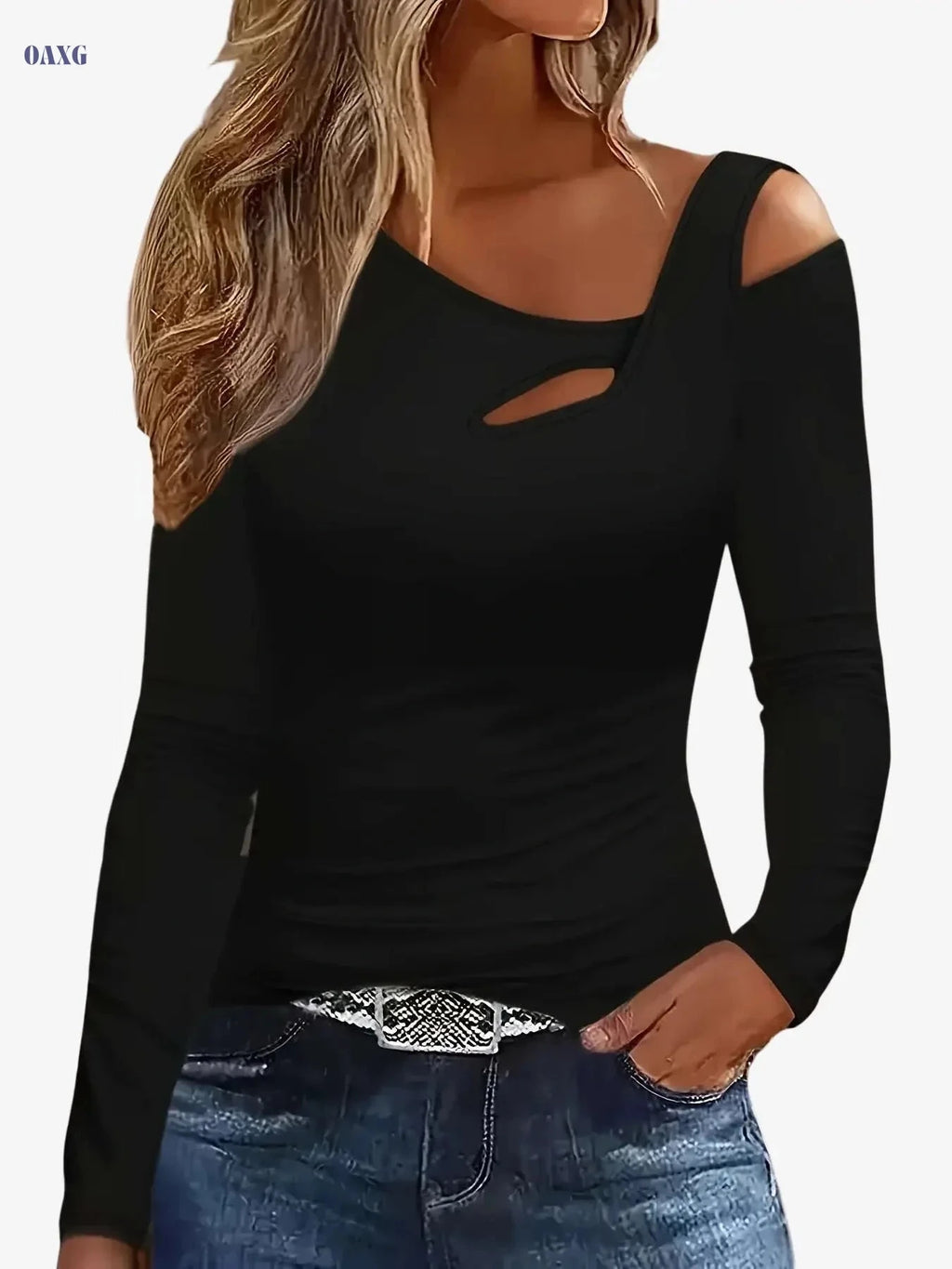 Cherry Bean Off-Shoulder Asymmetrical T-Shirt - Casual Solid Color   OAXG 