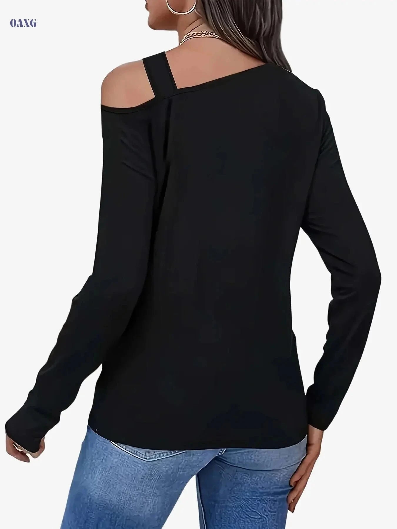 Cherry Bean Off-Shoulder Asymmetrical T-Shirt - Casual Solid Color   OAXG 
