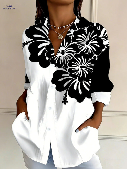 Chic Black and White Floral Print Shirt - Loose Fit for Casual Wear   OAXG Multicolor / XS