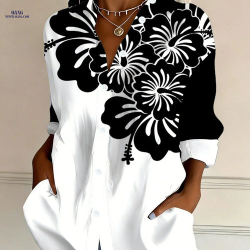 Black and White Contrast-color Hibiscus Floral Print Shirt, Simple and Elegant with a Loose Fit, a Versatile Top for Daily Commuting   OAXG Multicolor / XS