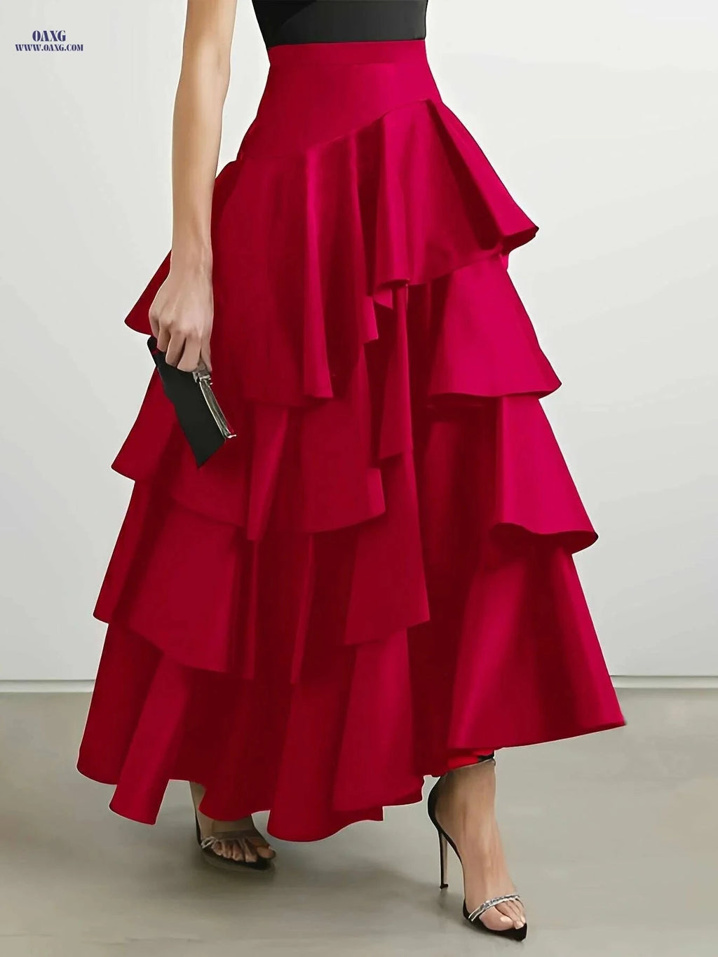 Chic Brown High-Waist A-Line Skirt for Women - Elegant Layered Ruffles   OAXG 