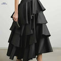 Chic Brown High-Waist A-Line Skirt for Women - Elegant Layered Ruffles   OAXG 