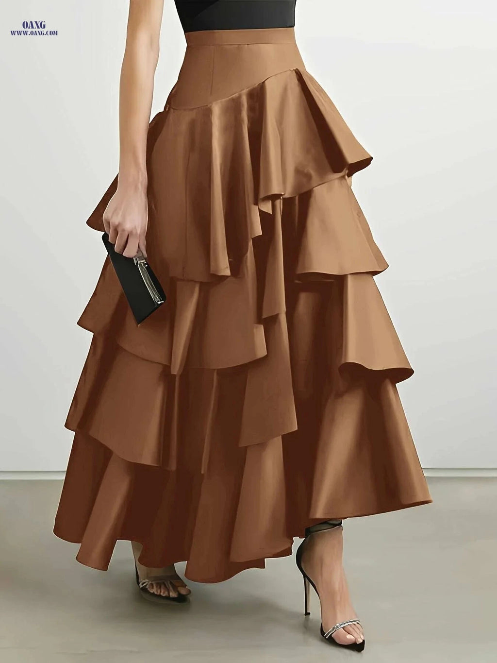 Chic Brown High-Waist A-Line Skirt for Women - Elegant Layered Ruffles   OAXG Black / S