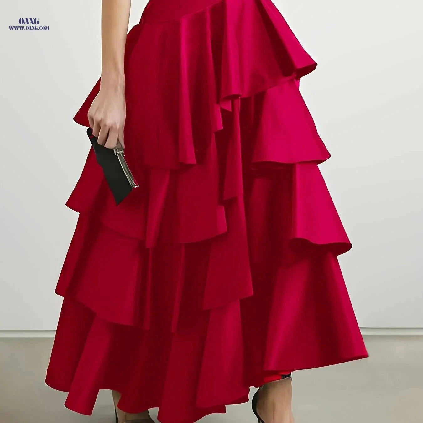 Chic Brown High-Waist A-Line Skirt for Women - Elegant Layered Ruffles   OAXG Black / S