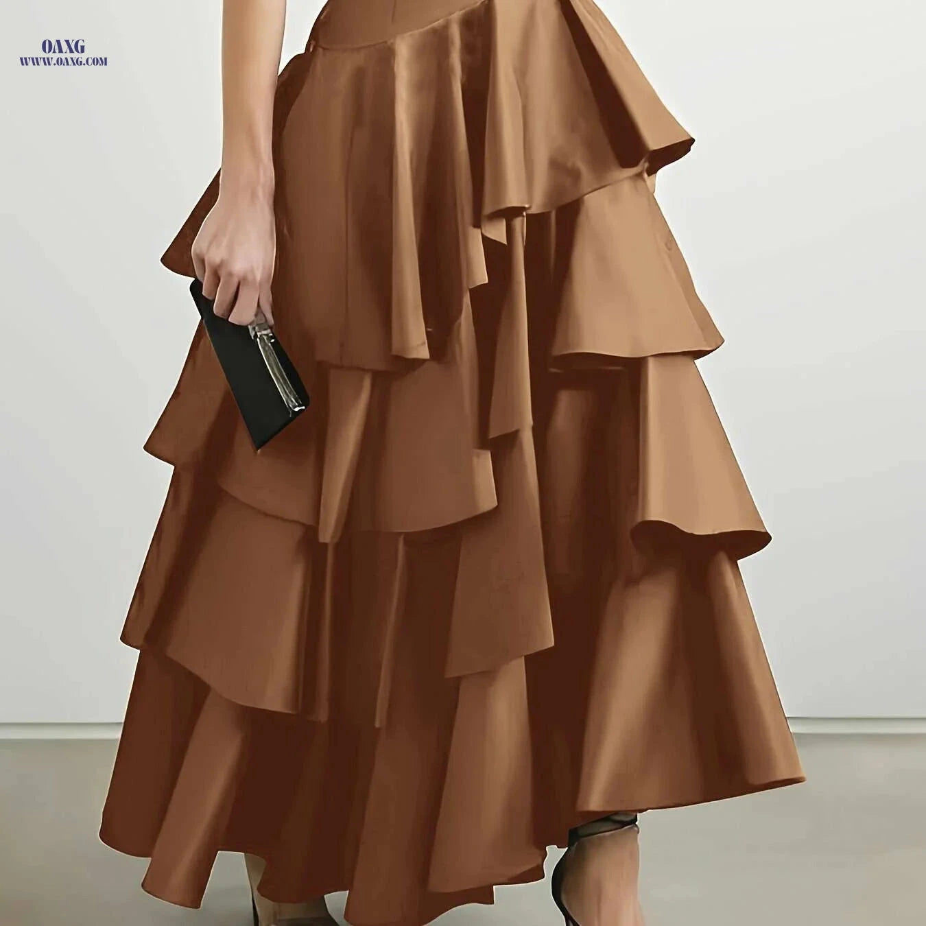Chic Brown High-Waist A-Line Skirt for Women - Elegant Layered Ruffles   OAXG Black / S