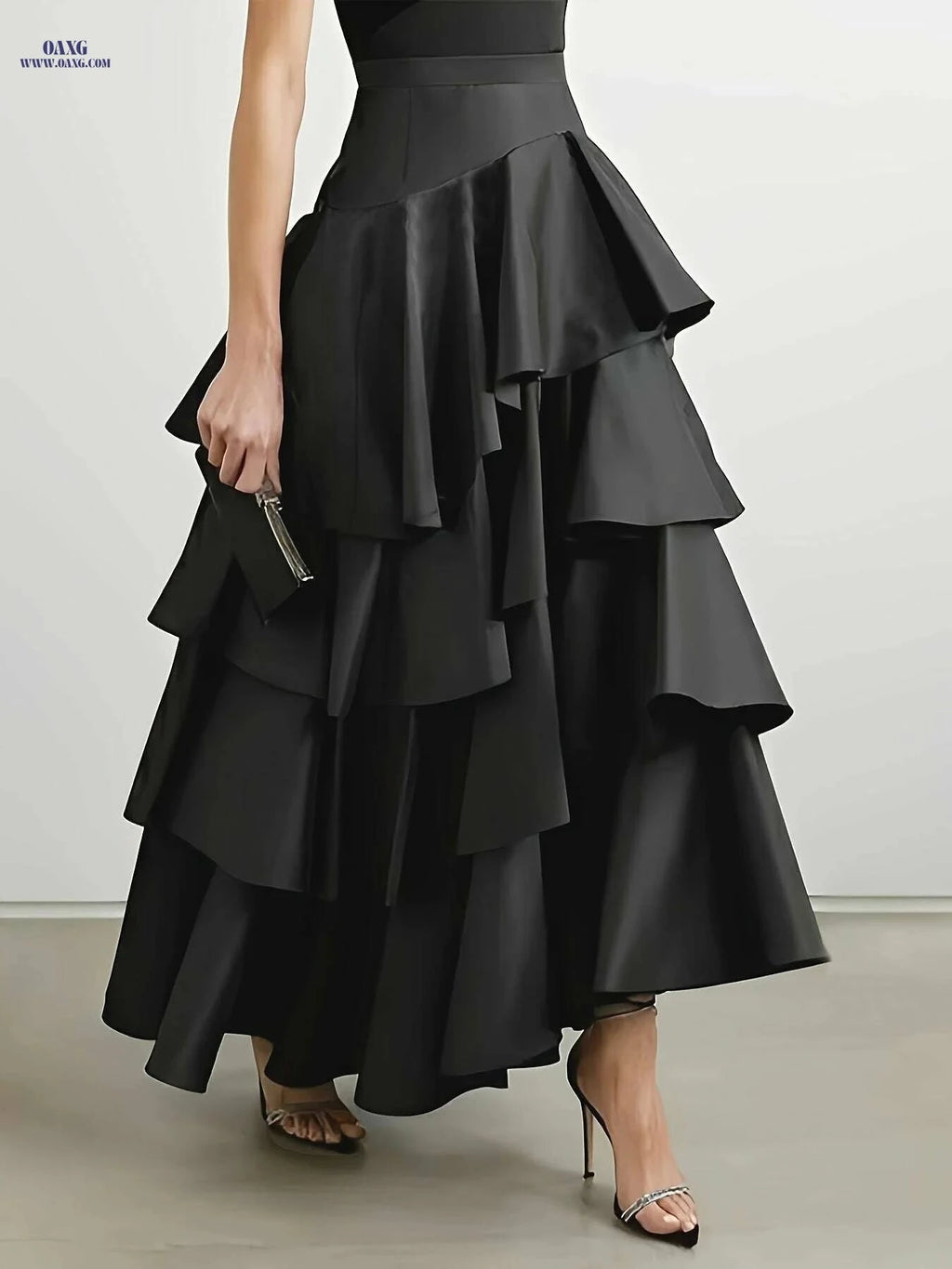 Chic Brown High-Waist A-Line Skirt for Women - Elegant Layered Ruffles   OAXG 