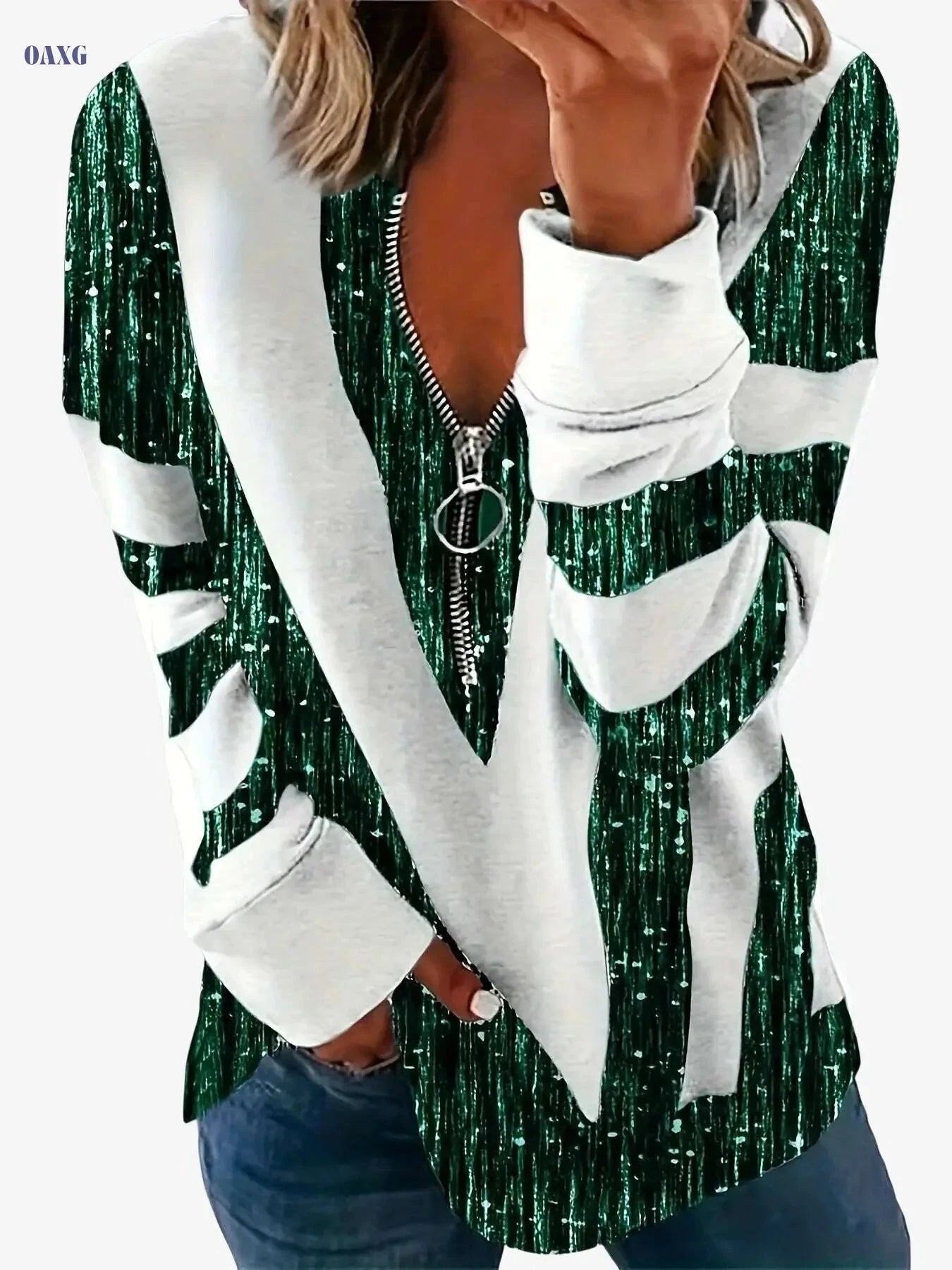 Chic Colorblock Stripe Zip-Up T-Shirt - Elegant Women's Top for Spring   OAXG 