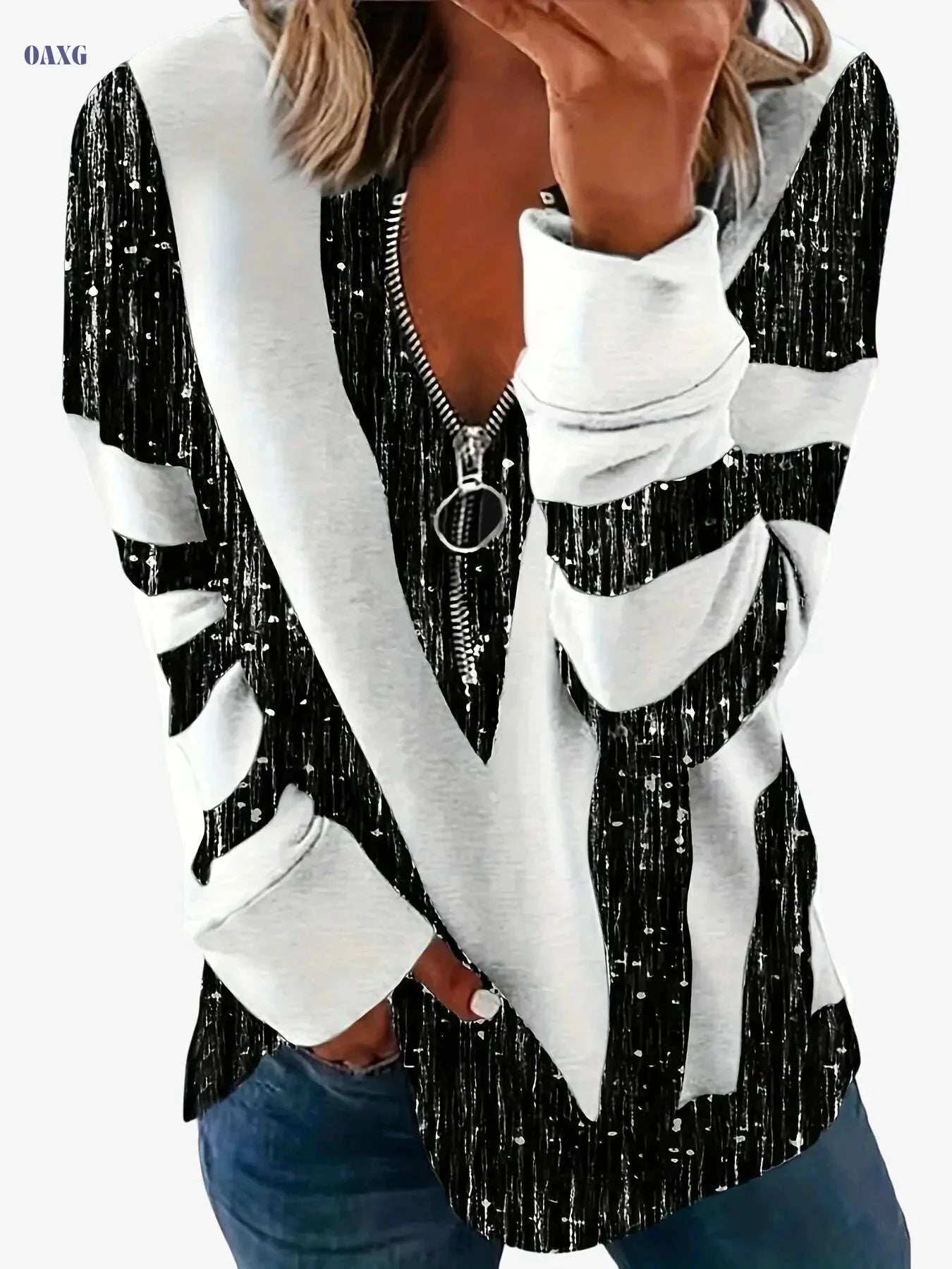 Chic Colorblock Stripe Zip-Up T-Shirt - Elegant Women's Top for Spring   OAXG Blue / S
