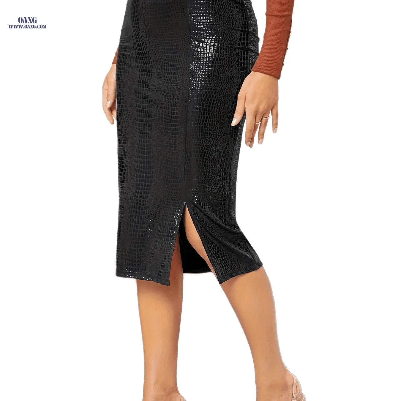 Chic Crocodile Embossed Midi Skirt - Slit Hem High Waist Style   OAXG 