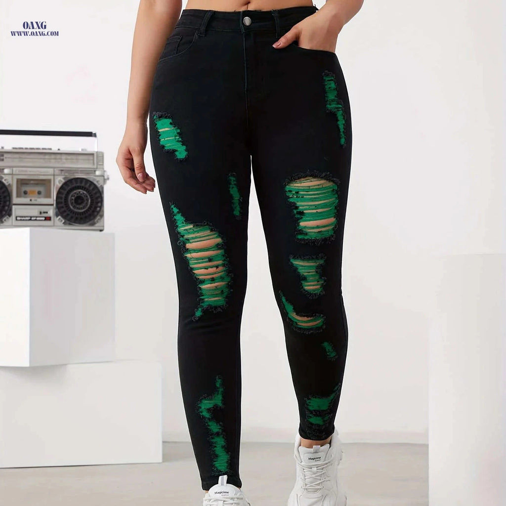 Chic Distressed Skinny Jeans for Women - High-Waist, Stretch Denim   OAXG Black / S