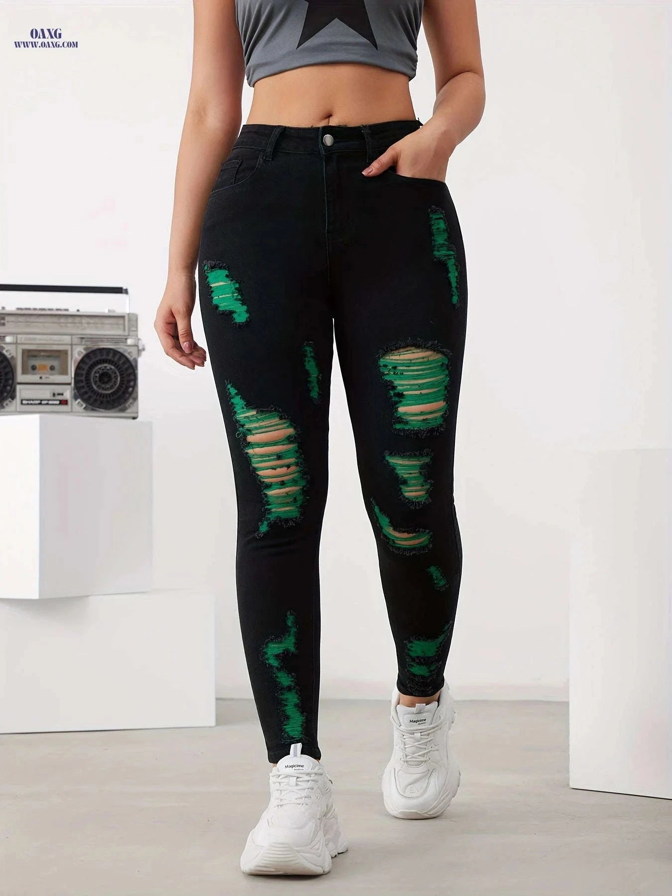 Chic Distressed Skinny Jeans for Women - High-Waist, Stretch Denim   OAXG Black / S