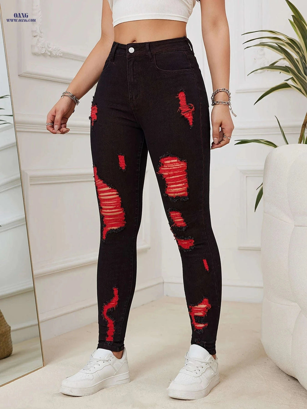 Chic Distressed Skinny Jeans for Women - High-Waist, Stretch Denim   OAXG Black / S