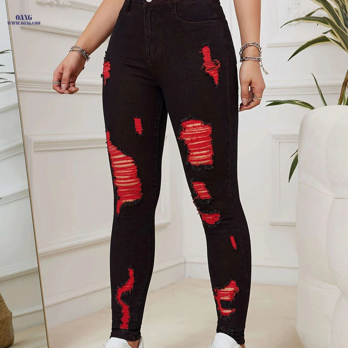 Chic Distressed Skinny Jeans for Women - High-Waist, Stretch Denim   OAXG Black / S