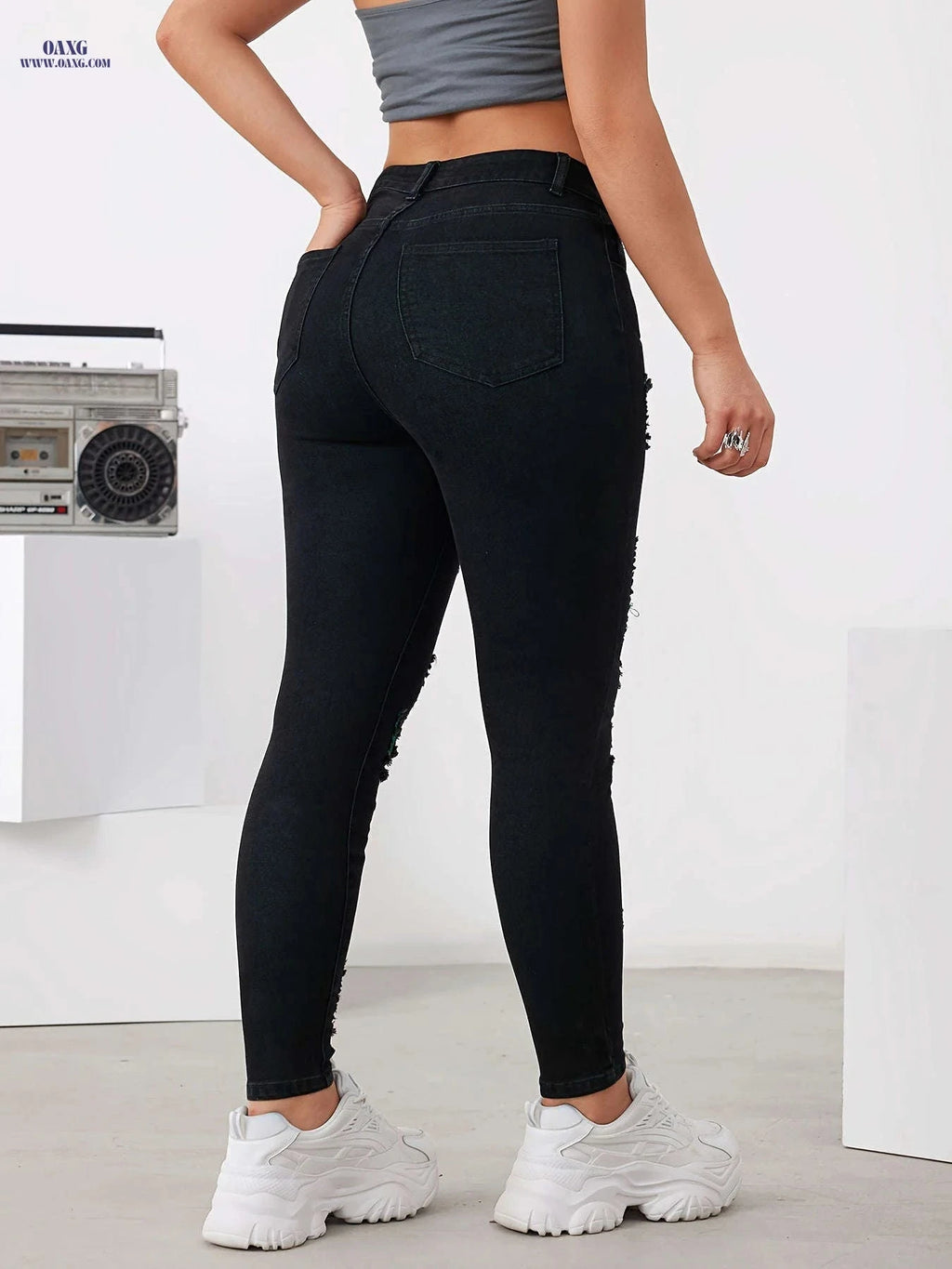 Chic Distressed Skinny Jeans for Women - High-Waist, Stretch Denim   OAXG Black / S