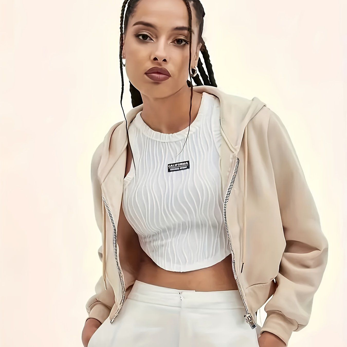 Chic Fleece-Lined Zip-Up Hoodie for Women - Casual Solid Color, Long Sleeve Crop Top with Drawstring And Pockets   OAXG Black / Asian XS