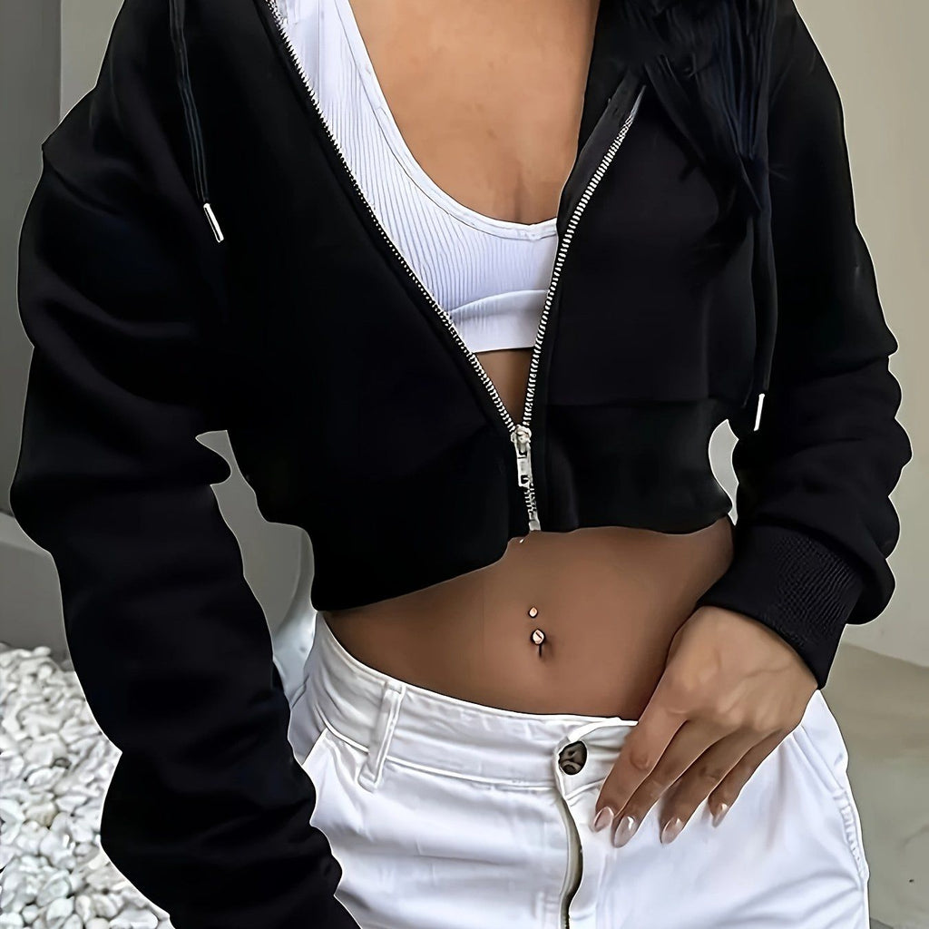 Chic Fleece-Lined Zip-Up Hoodie for Women - Casual Solid Color, Long Sleeve Crop Top with Drawstring And Pockets   OAXG Black / Asian XS