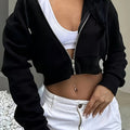 Chic Fleece-Lined Zip-Up Hoodie for Women - Casual Solid Color, Long Sleeve Crop Top with Drawstring And Pockets   OAXG Black / Asian XS