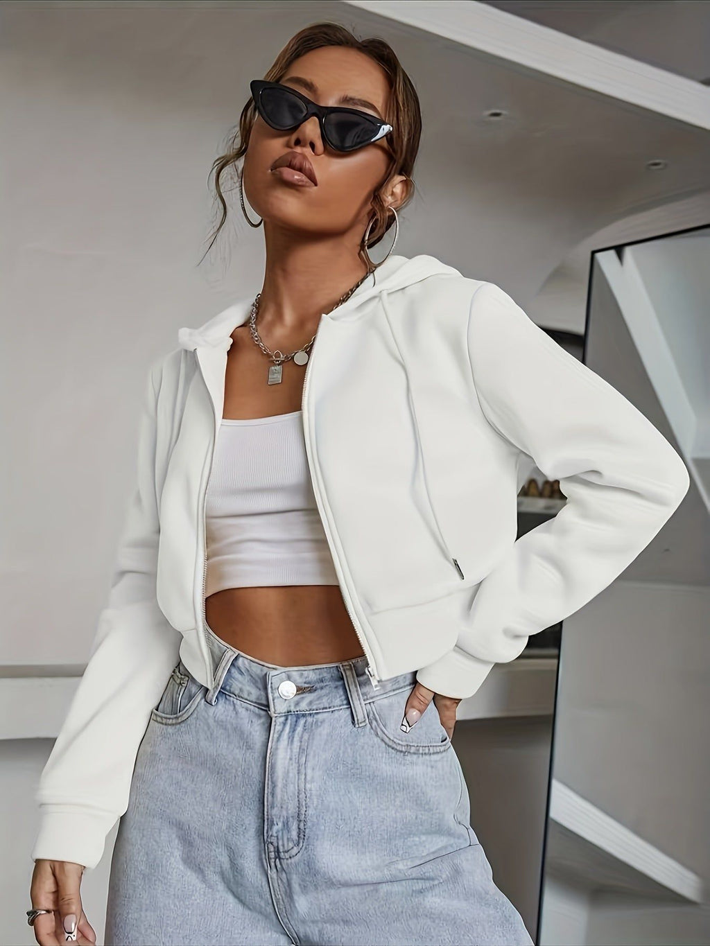 Chic Fleece-Lined Zip-Up Hoodie for Women - Casual Solid Color, Long Sleeve Crop Top with Drawstring And Pockets   OAXG Black / Asian XS