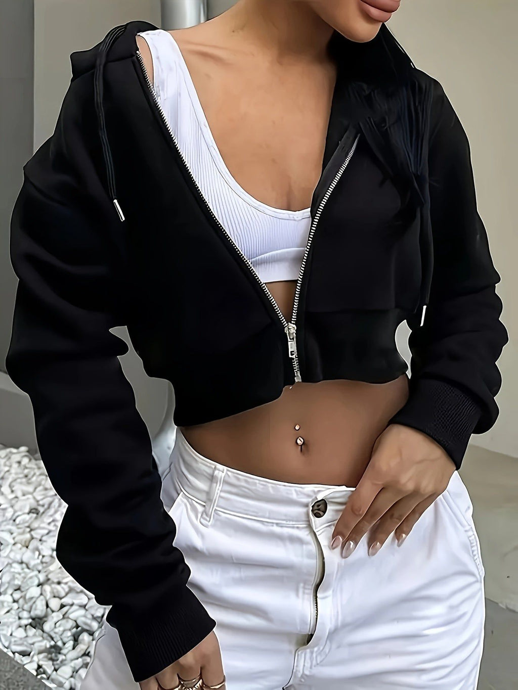 Chic Fleece-Lined Zip-Up Hoodie for Women - Casual Solid Color, Long Sleeve Crop Top with Drawstring And Pockets   OAXG Black / Asian XS