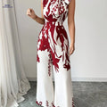 Chic Floral Print Jumpsuit - Red and White Sleeveless Design   OAXG Burgundy / XS