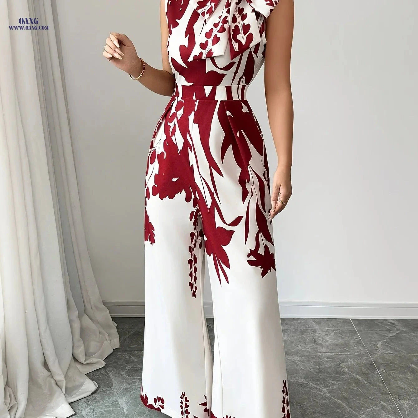 Chic Floral Print Jumpsuit - Red and White Sleeveless Design   OAXG Burgundy / XS
