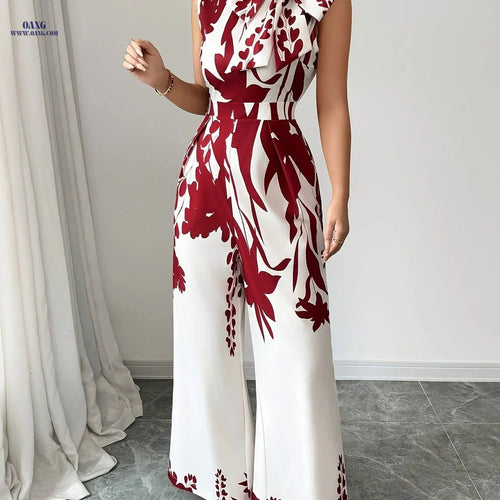 Chic Floral Print Jumpsuit - Red and White Sleeveless Design   OAXG Burgundy / XS