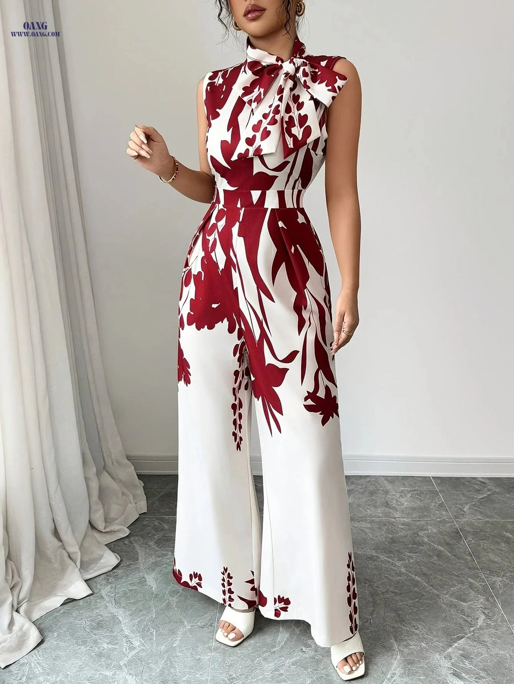 Chic Floral Print Jumpsuit - Red and White Sleeveless Design   OAXG Burgundy / XS