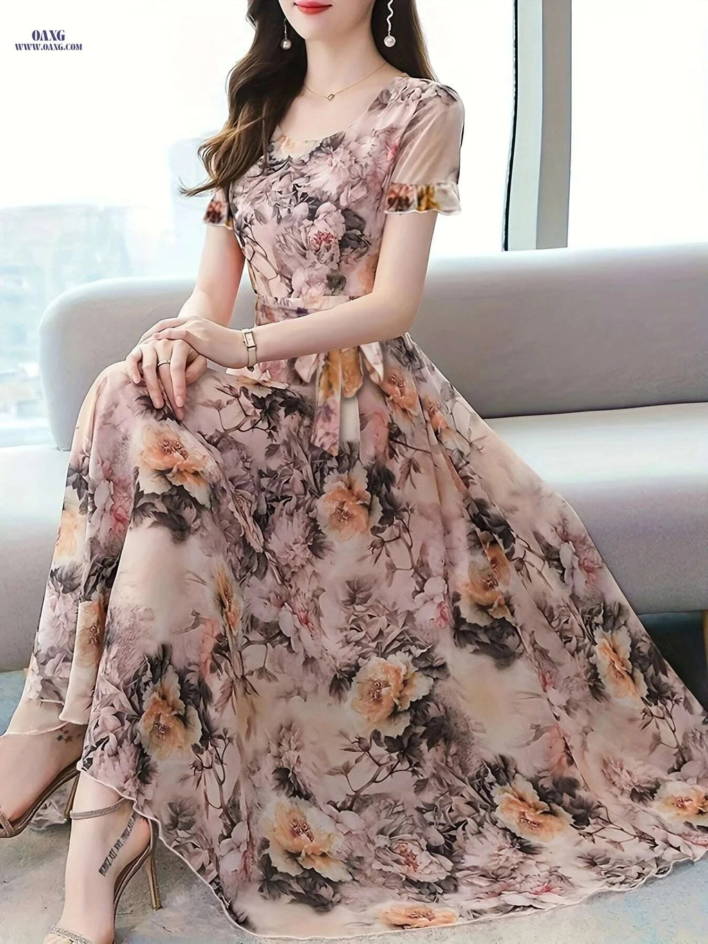 Chic Floral Print Short Sleeve Dress - Elegant Round Neck Style   OAXG 