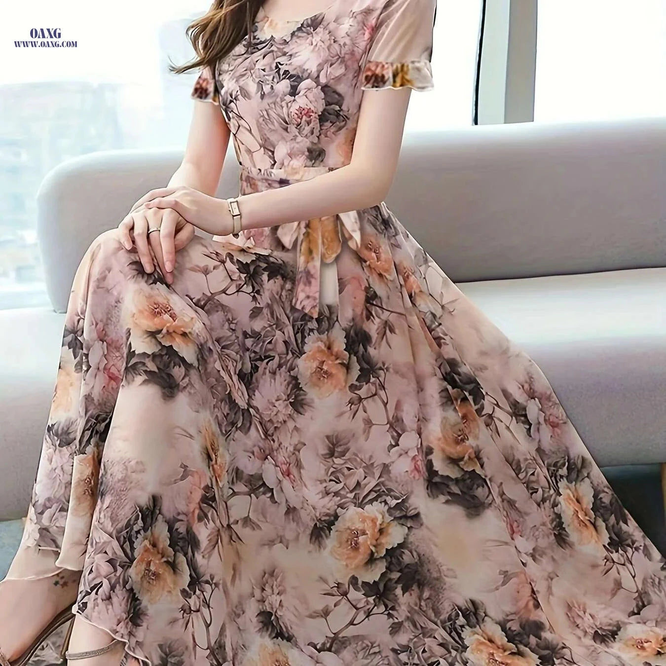 Chic Floral Print Short Sleeve Dress - Elegant Round Neck Style   OAXG 
