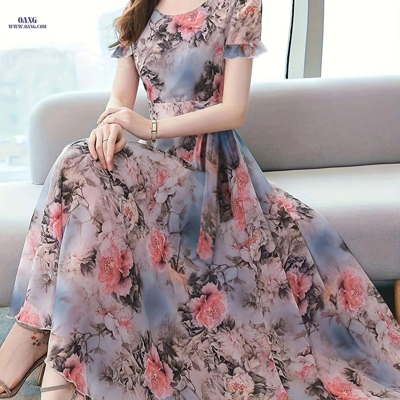 Chic Floral Print Short Sleeve Dress - Elegant Round Neck Style   OAXG Multicolor / S