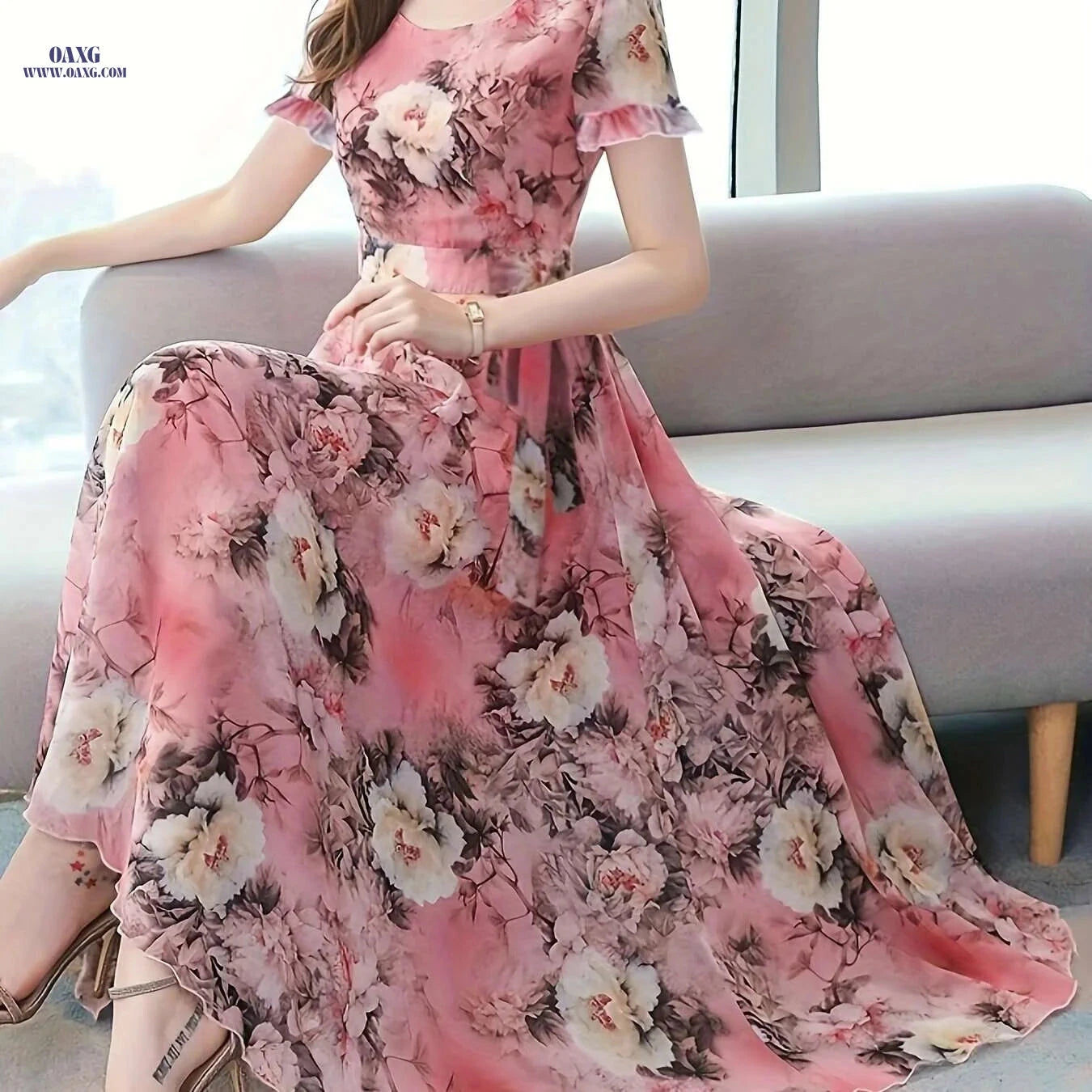 Chic Floral Print Short Sleeve Dress - Elegant Round Neck Style   OAXG Multicolor / S