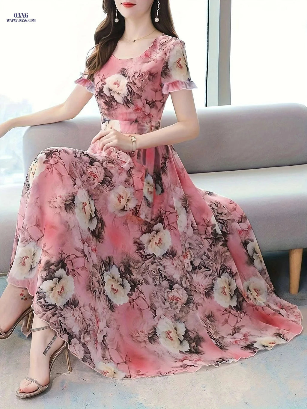 Chic Floral Print Short Sleeve Dress - Elegant Round Neck Style   OAXG Multicolor / S
