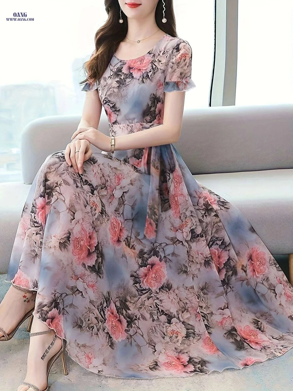 Chic Floral Print Short Sleeve Dress - Elegant Round Neck Style   OAXG Multicolor / S