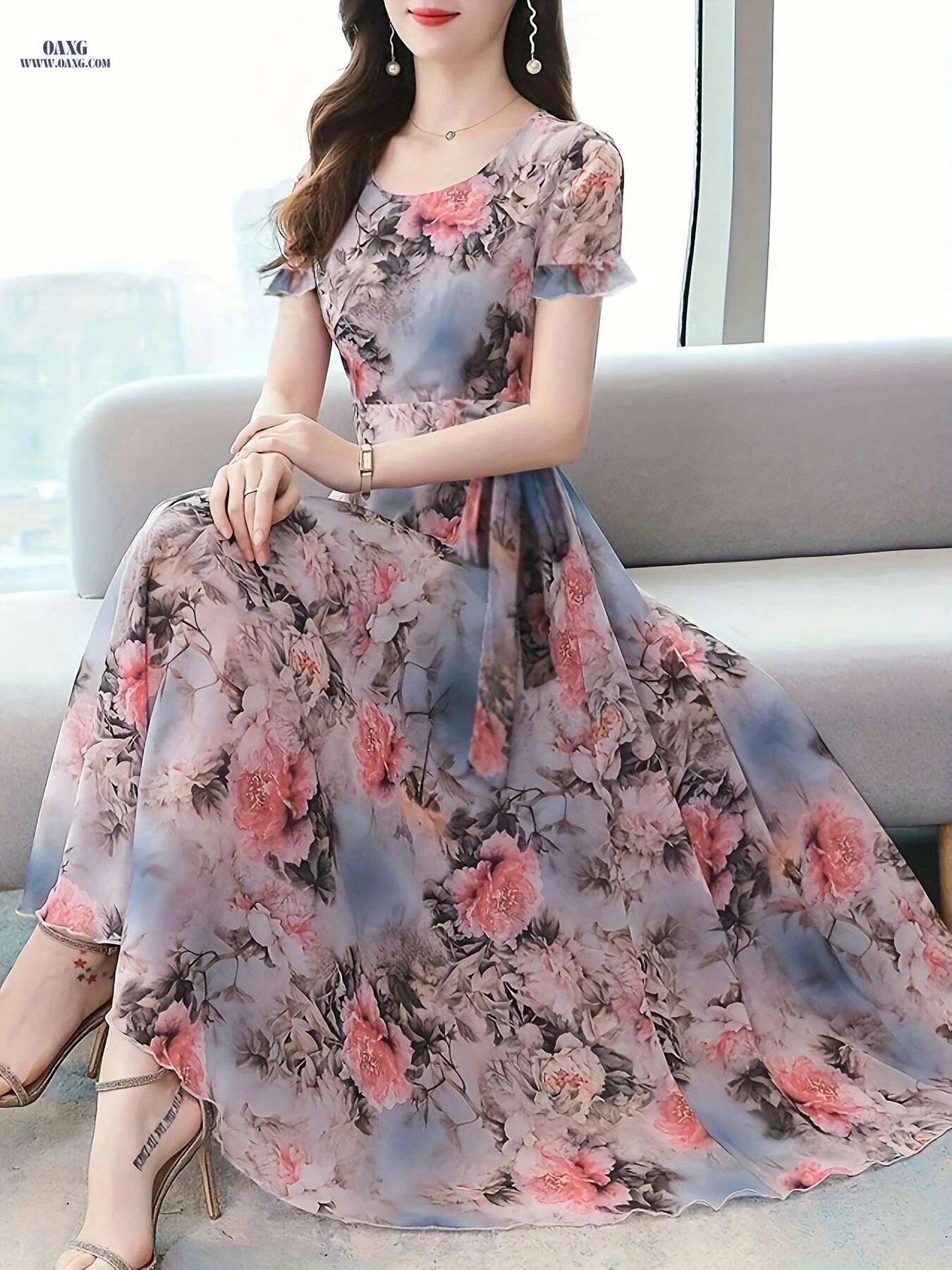 Chic Floral Print Short Sleeve Dress - Elegant Round Neck Style   OAXG Multicolor / S