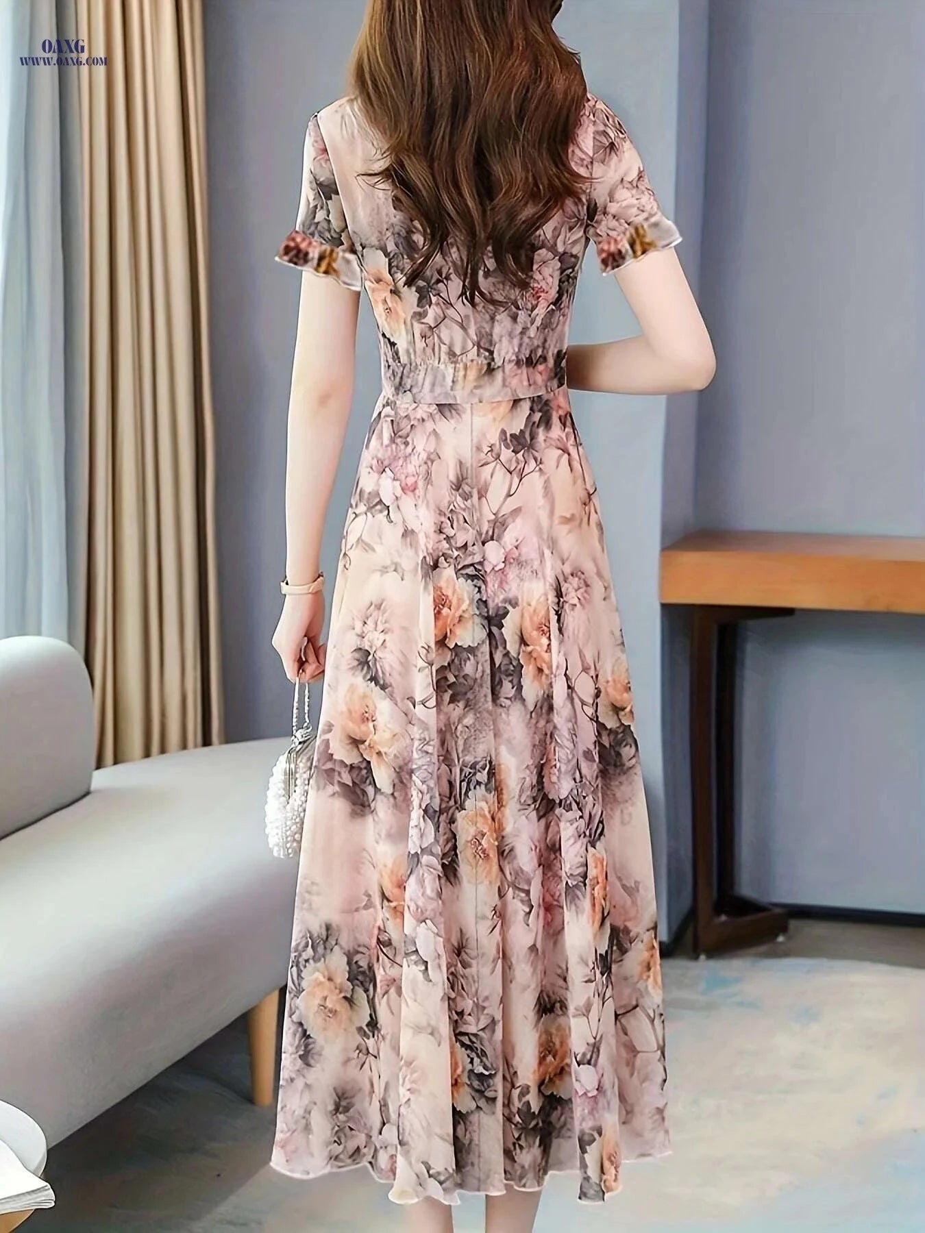 Chic Floral Print Short Sleeve Dress - Elegant Round Neck Style   OAXG 