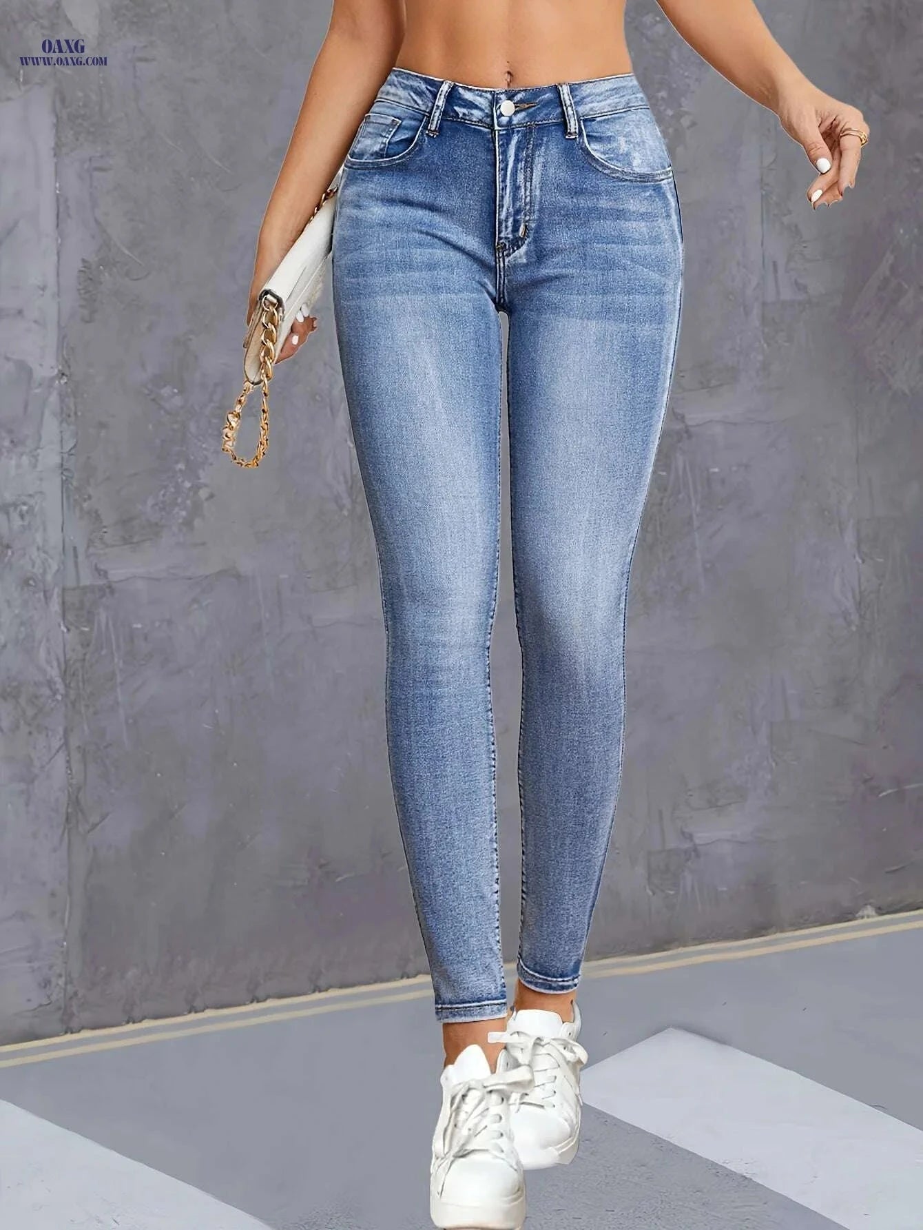 Chic High-Waist Skinny Jeans - Stretchy Blue Denim for Women   OAXG Blue / XS