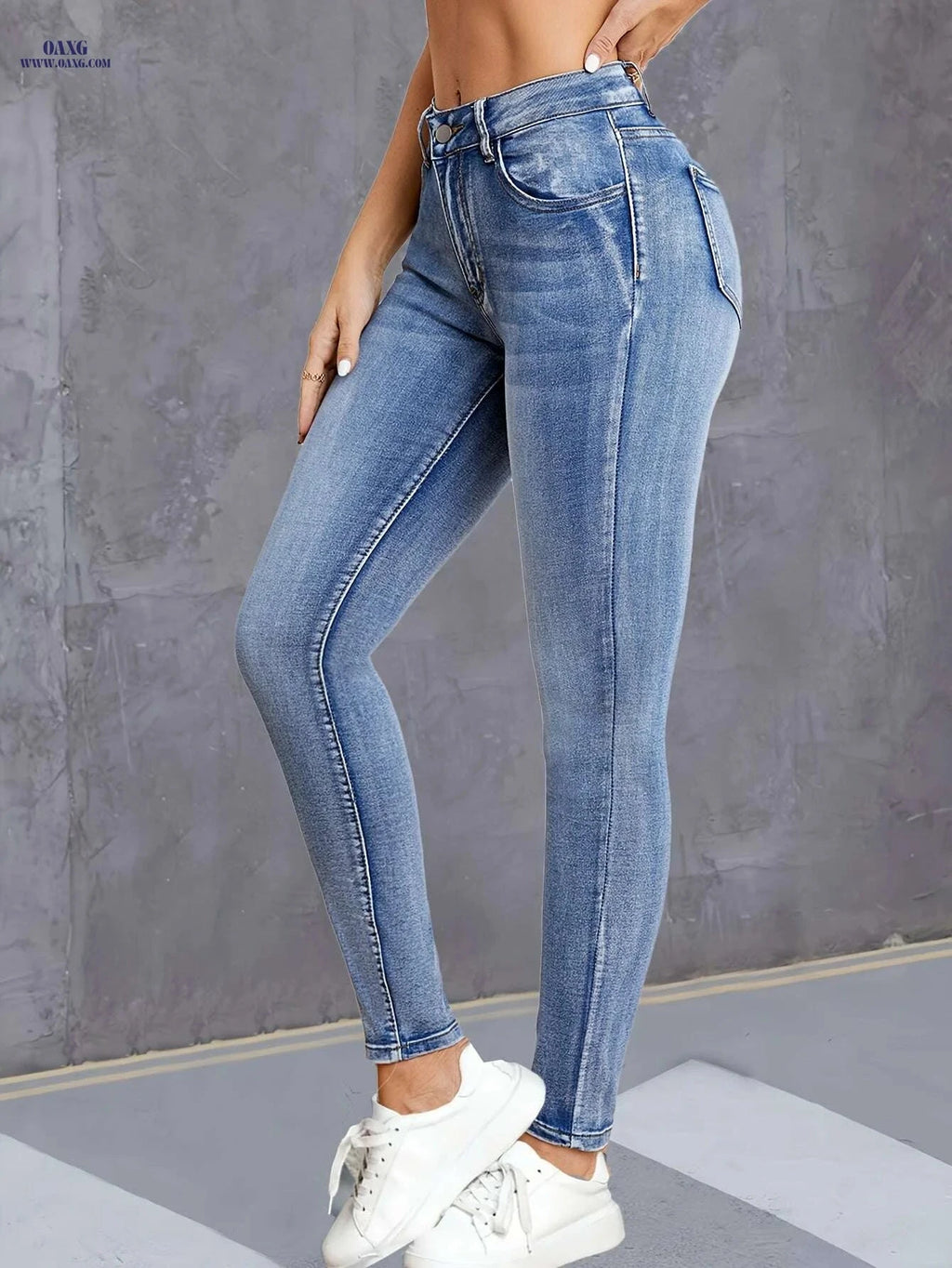 Chic High-Waist Skinny Jeans - Stretchy Blue Denim for Women   OAXG Blue / XS