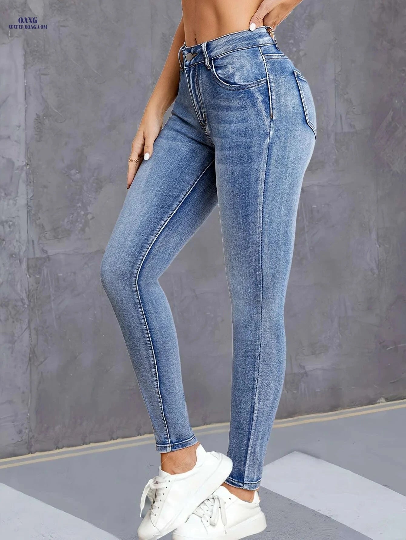 Chic High-Waist Skinny Jeans - Stretchy Blue Denim for Women   OAXG Blue / XS