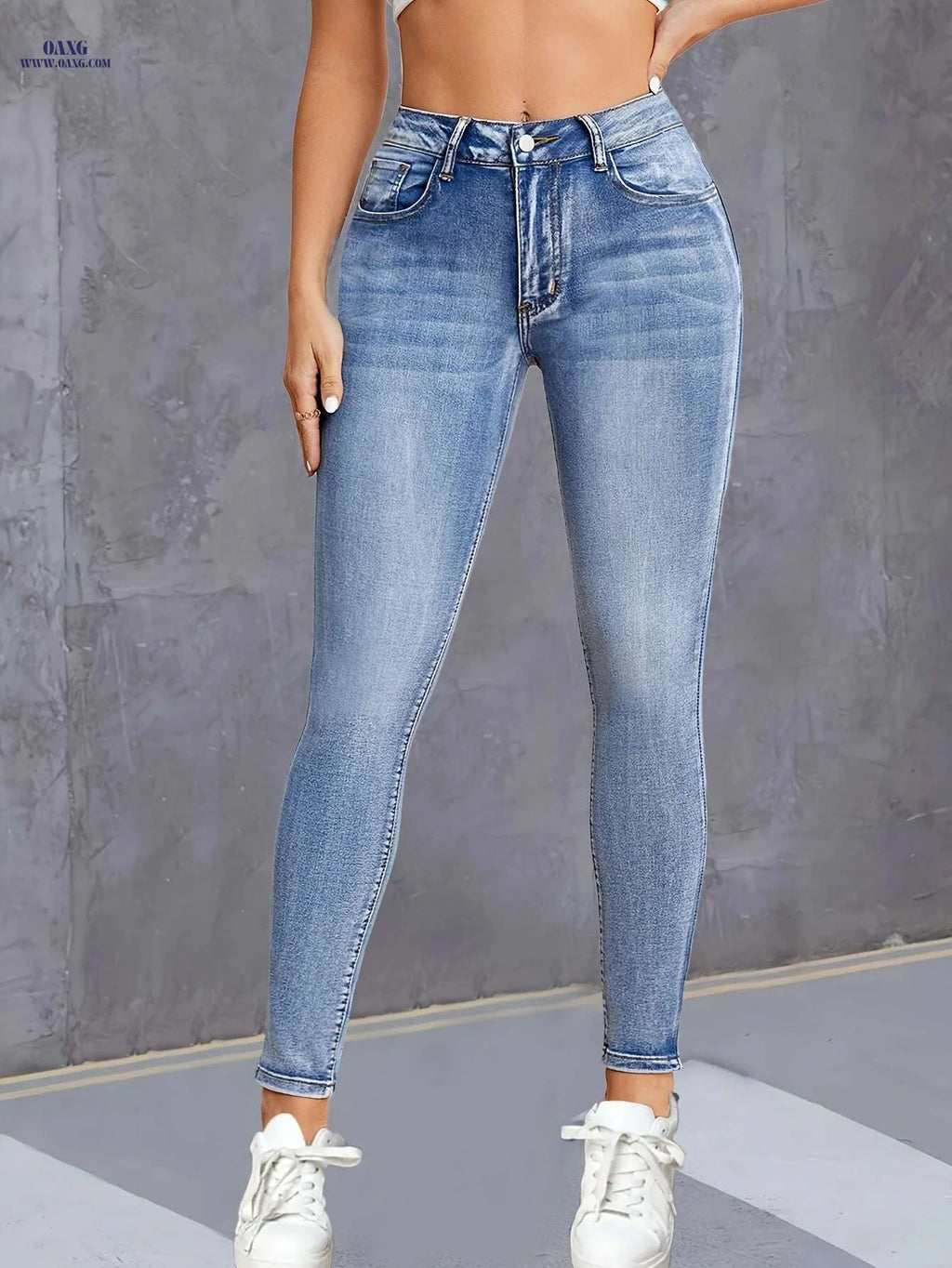 Chic High-Waist Skinny Jeans - Stretchy Blue Denim for Women   OAXG Blue / XS