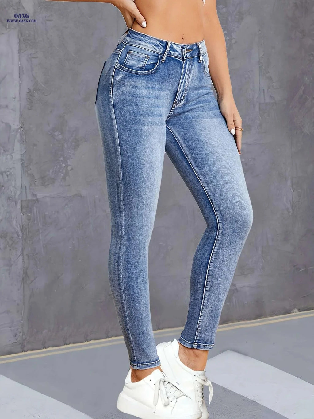 Chic High-Waist Skinny Jeans - Stretchy Blue Denim for Women   OAXG Blue / XS