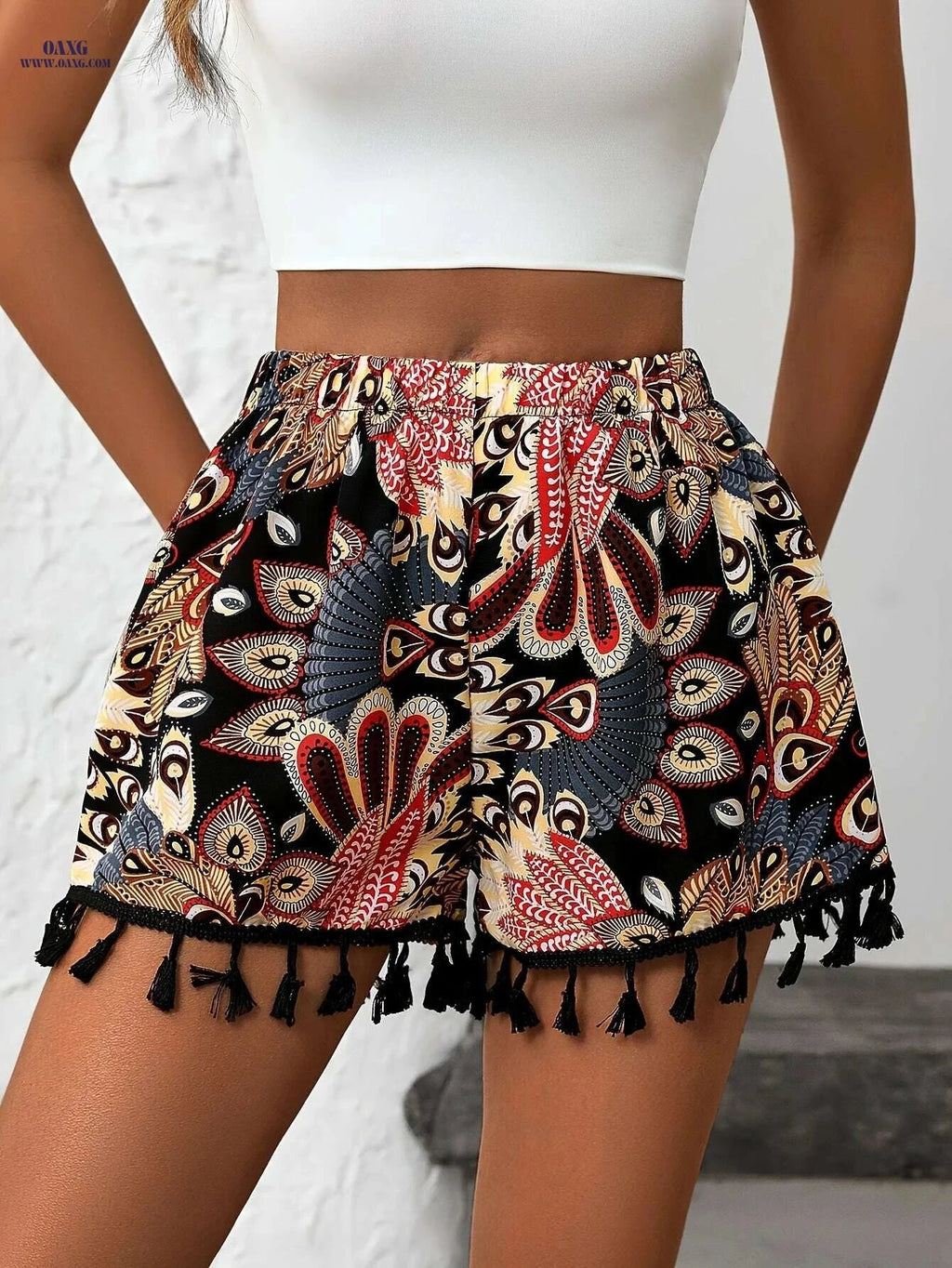 Chic High-Waisted Paisley Print Tassel Shorts - Elegant Casual Style   OAXG 