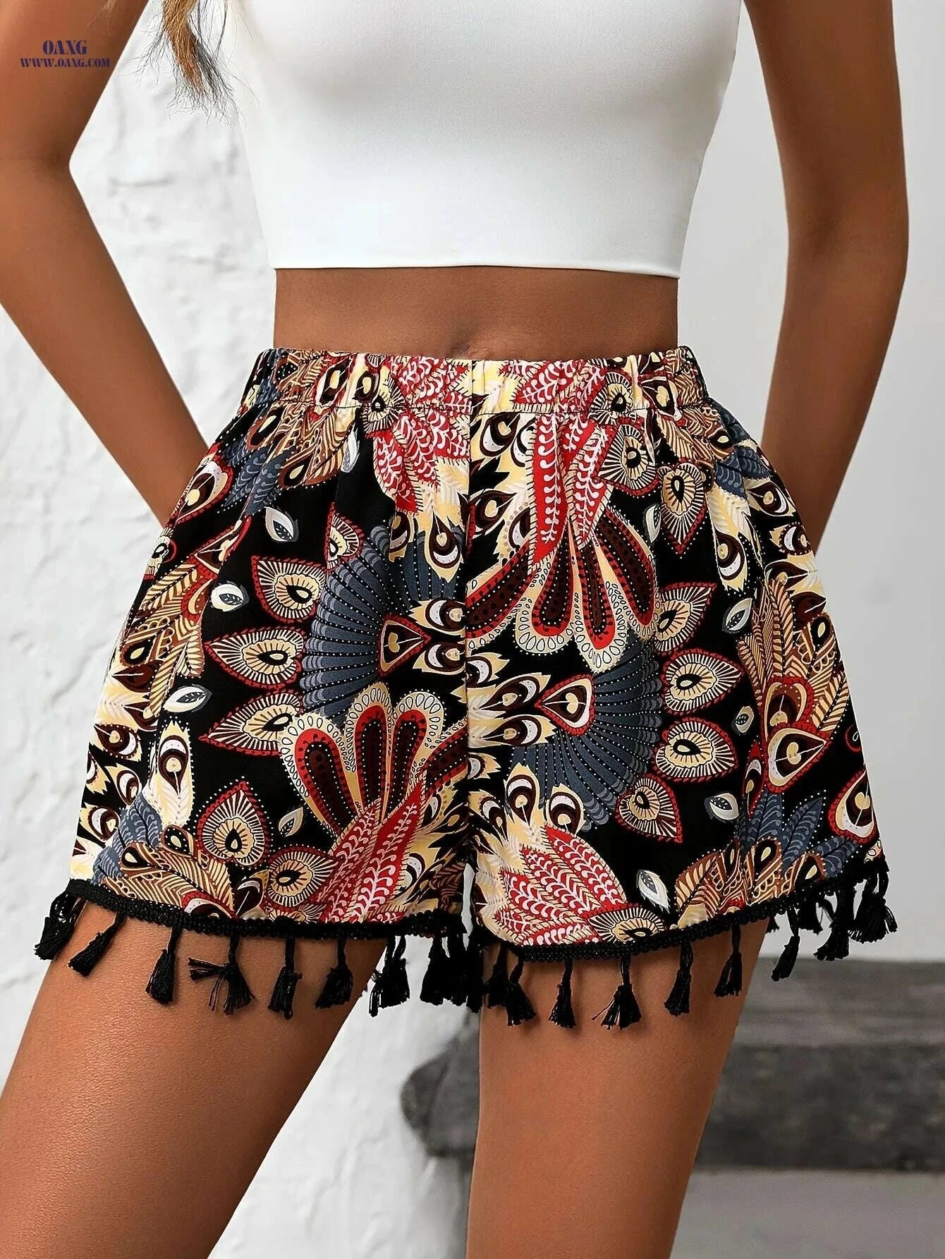 Chic High-Waisted Paisley Print Tassel Shorts - Elegant Casual Style   OAXG 